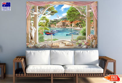Boats on River & Houses Balcony View Digital ArtPrint 100% Australian Made