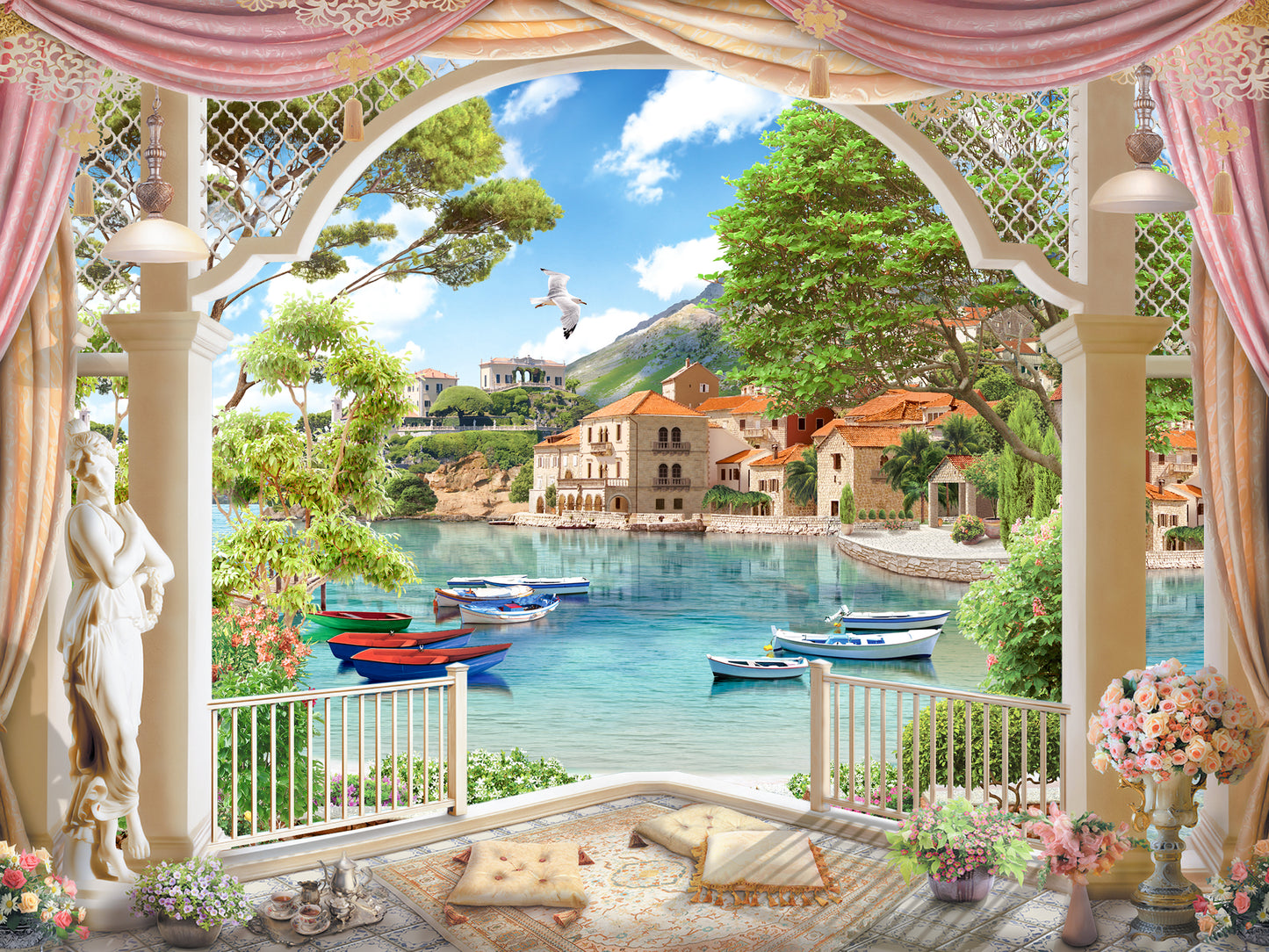 Boats on River & Houses Balcony View Digital ArtPrint 100% Australian Made