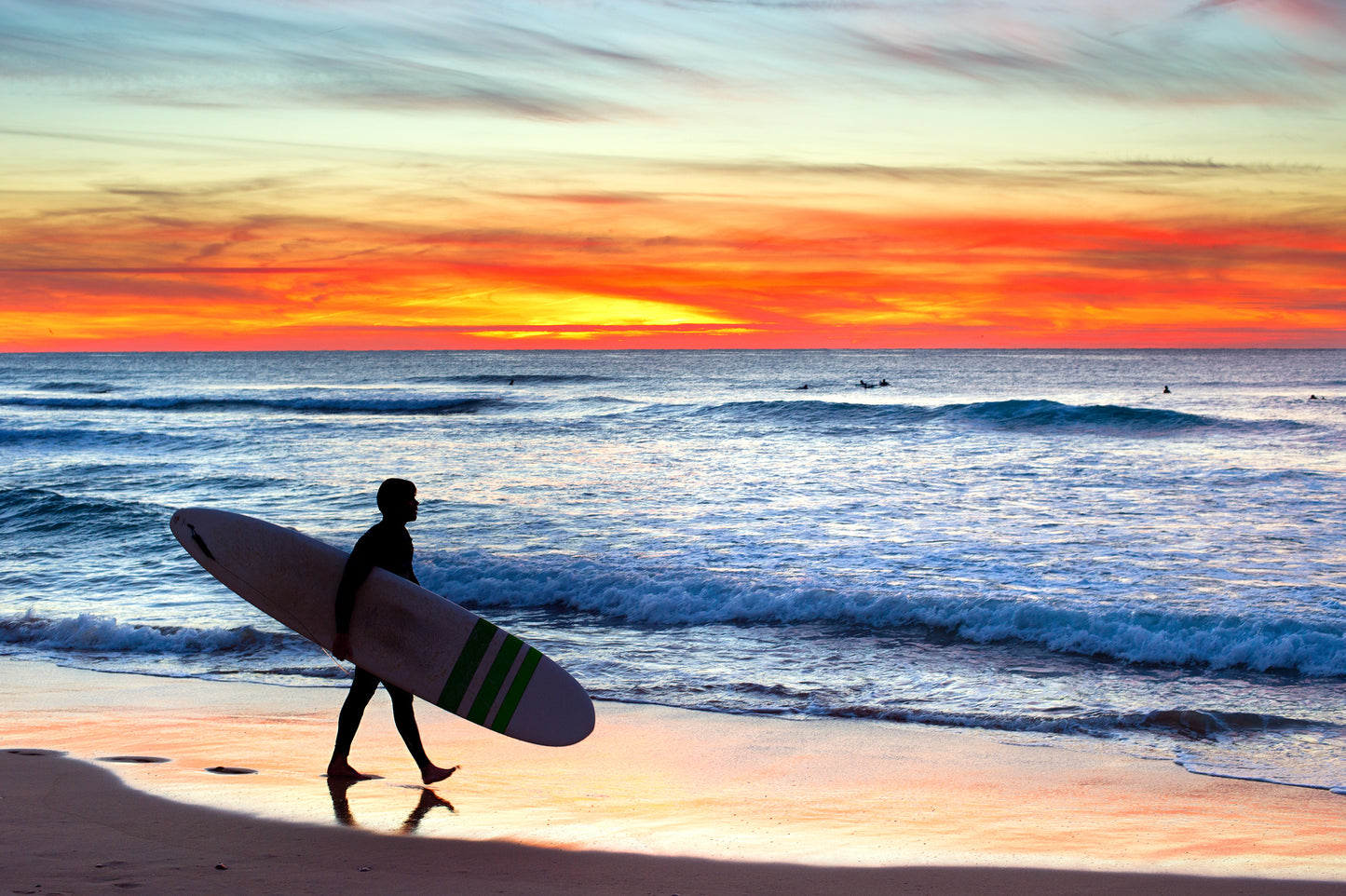 Surfer Walking on the Shoreline Sunset Print 100% Australian Made