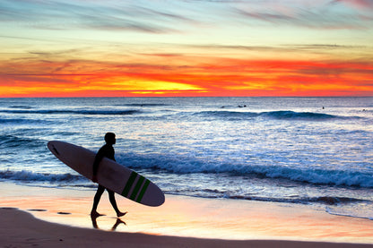 Surfer on Sea Shore at Sunset Home Decor Premium Quality Poster Print Choose Your Sizes