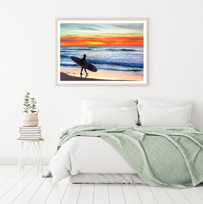Surfer on Sea Shore at Sunset Home Decor Premium Quality Poster Print Choose Your Sizes
