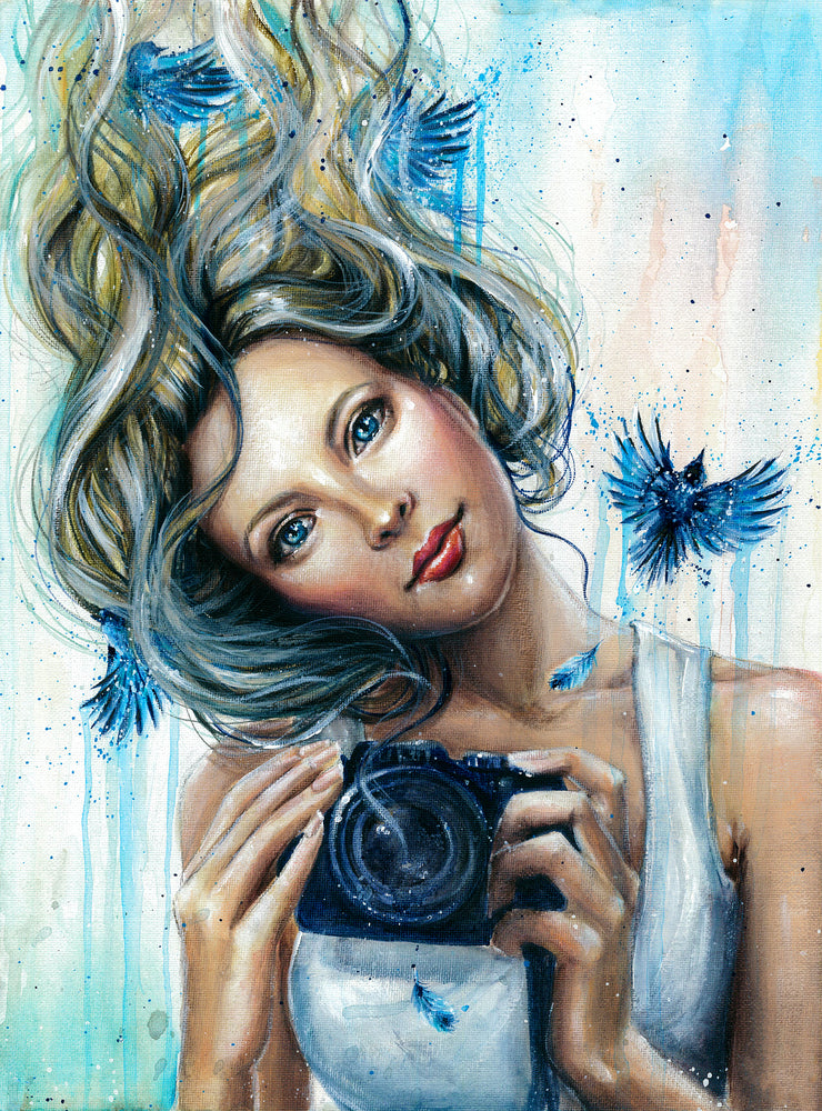 Girl Holding a Camera Birds In Back Painting Print 100% Australian Made