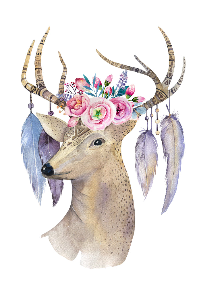 Deer with a Floral Headdress & Feathers Watercolor Painting Print 100% Australian Made