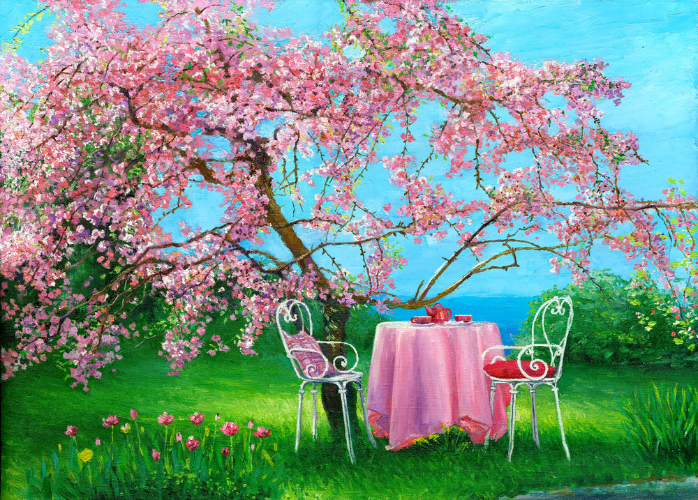 Tea Tabel And Chairs Under Cherry Blossom Tree Painting Print 100% Australian Made