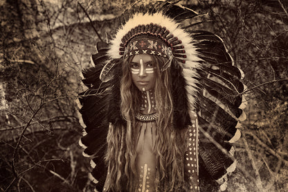 Young Indian Warrior With Feather Headdress Vintage Photograph Print 100% Australian Made