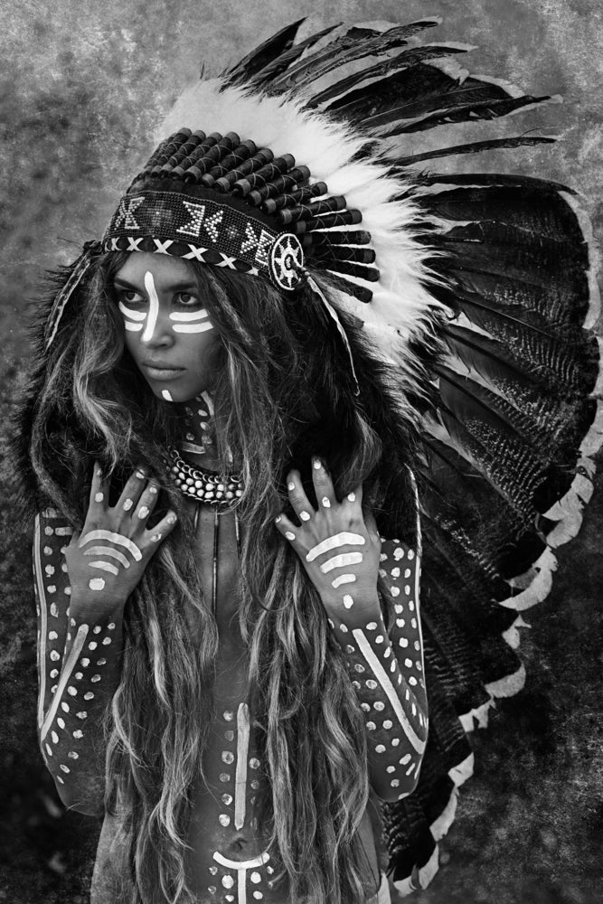 Young Indian Warrior With Feather Headdress Photograph B&W Print 100% Australian Made