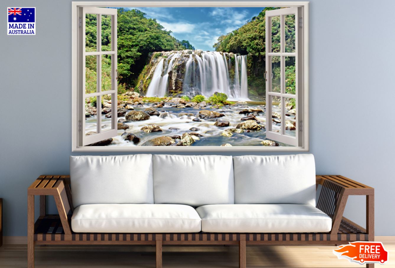 Stunning Waterfall Scenery View through Window Photograph Print 100% Australian Made