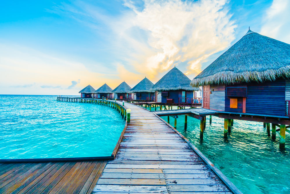 Stunning View of Huts on Pier & Beach Photograph Print 100% Australian Made