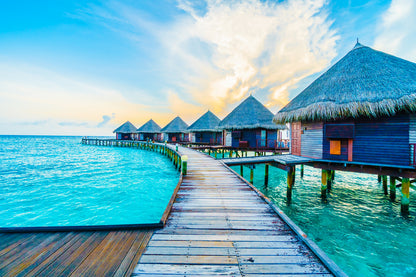 Stunning View of Huts on Pier & Beach Photograph Print 100% Australian Made