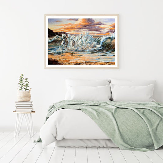 Horses Running on Sea Painting Home Decor Premium Quality Poster Print Choose Your Sizes