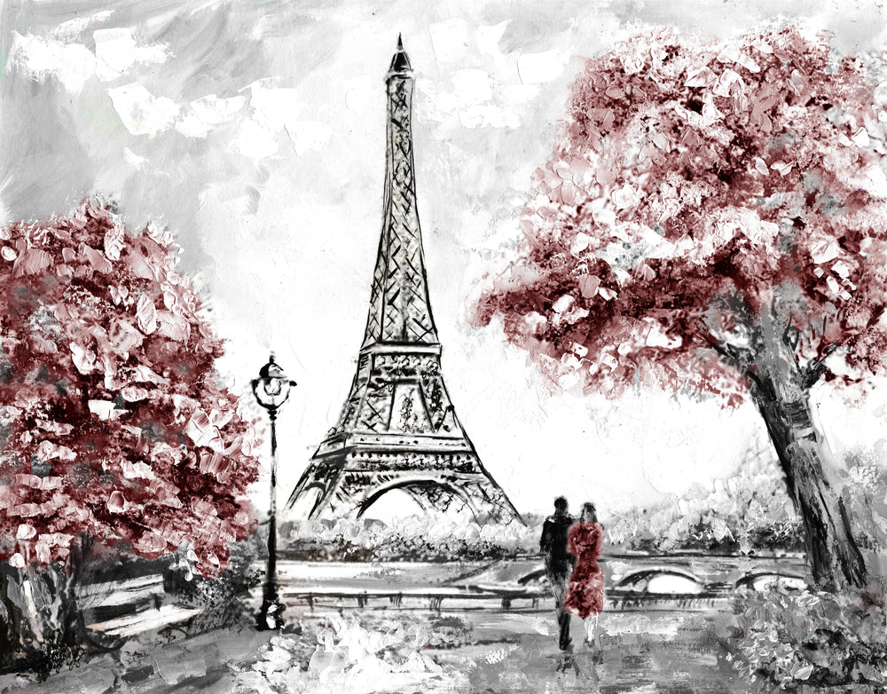 Eiffel Tower Red Rose & Couple Painting Print 100% Australian Made