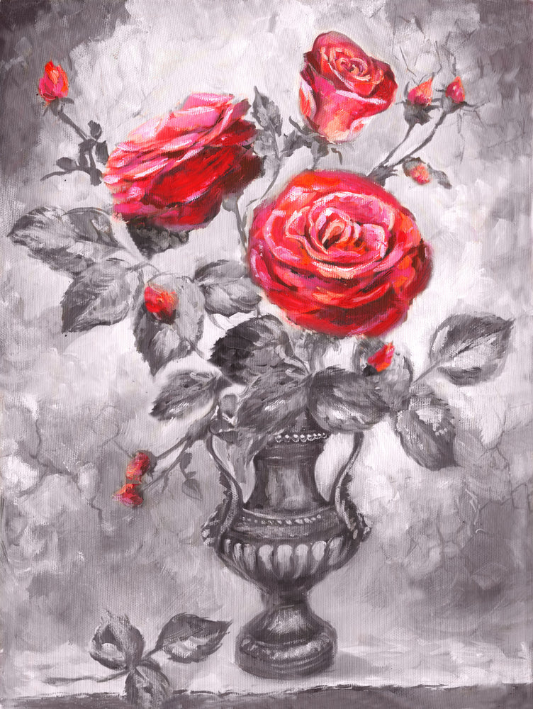 Red Rose Vase Black White & Red Painting Print 100% Australian Made