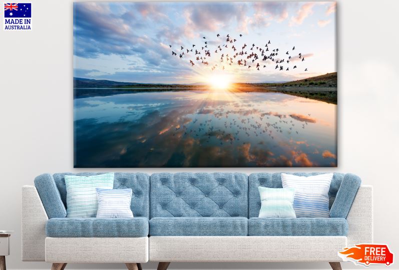 Birds Flying Over Lake at Sunset Stunning Photograph Print 100% Australian Made