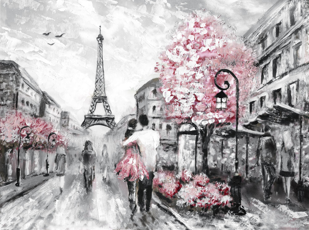 Romantic PAris Street Eiffel Tower & Flower Trees Painting Print 100% Australian Made