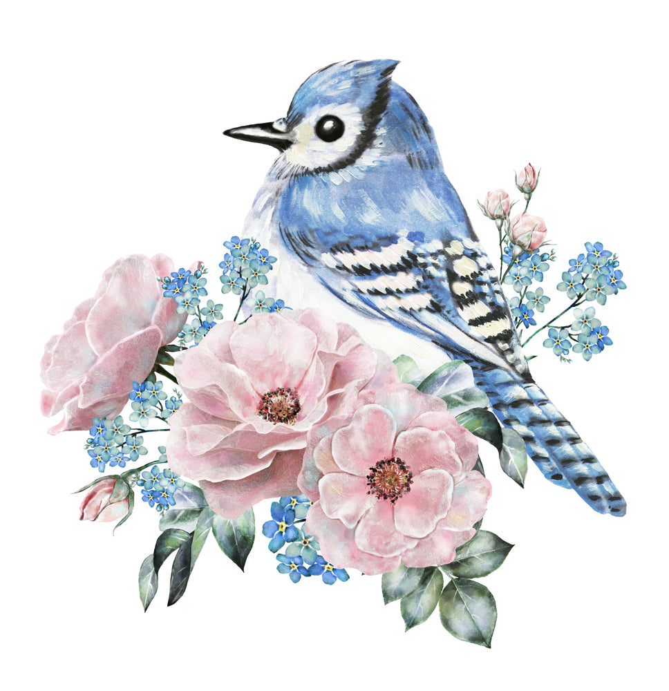 Square Canvas Blue Bird on Flowers Painting High Quality Print 100% Australian Made