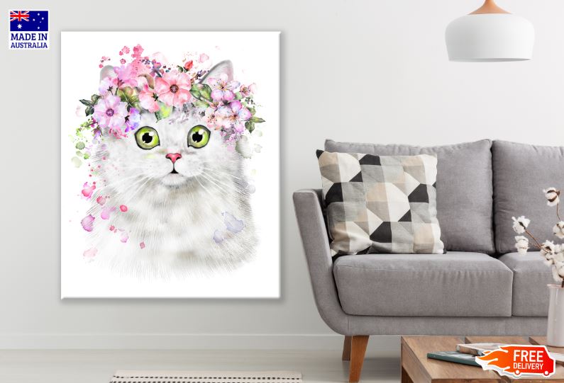 Kitten with Floral Headdress Watercolor Painting Print 100% Australian Made