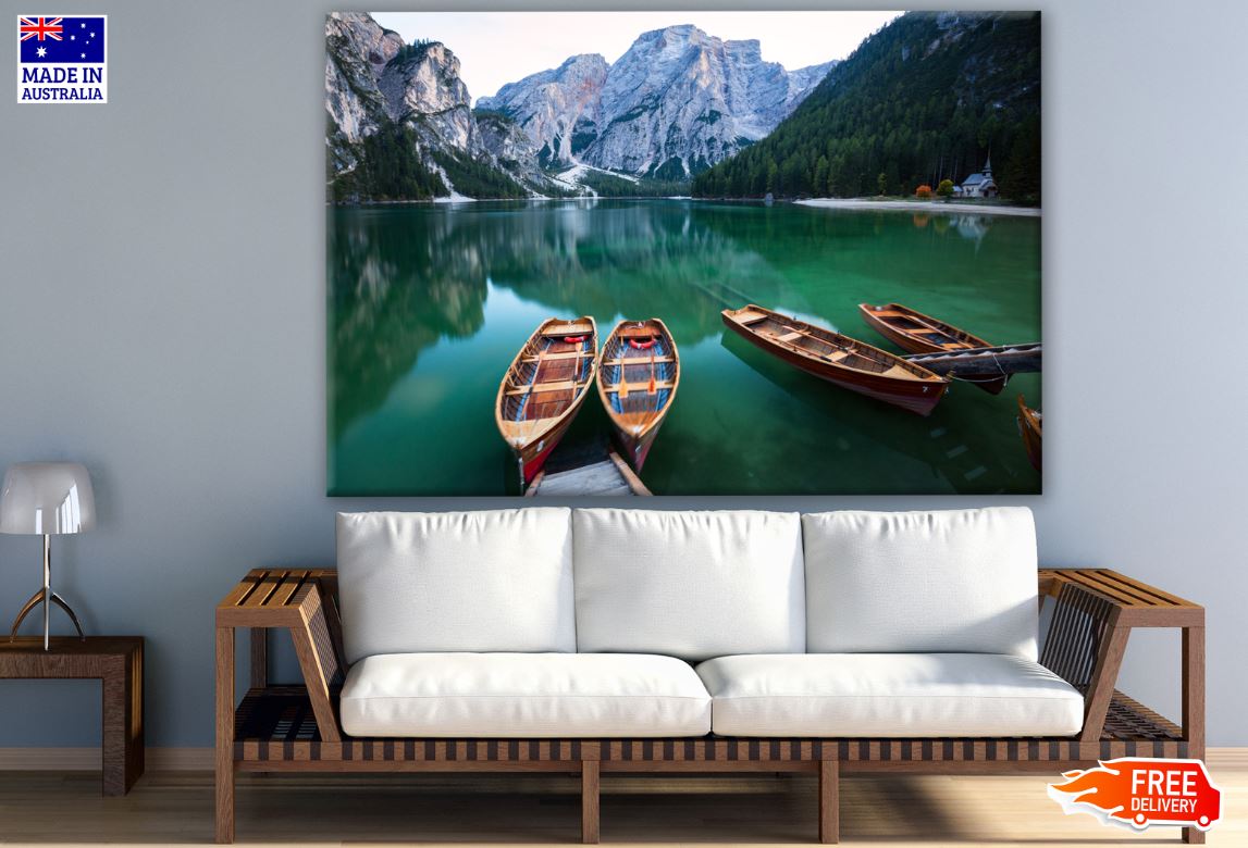 Boats on the Braies Lake in Dolomites mountains Italy Print 100% Australian Made