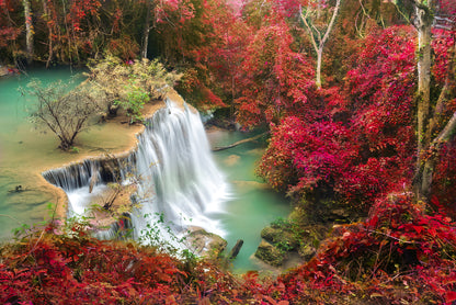 Stunning Waterfall With Red Leafy Trees Photograph Print 100% Australian Made