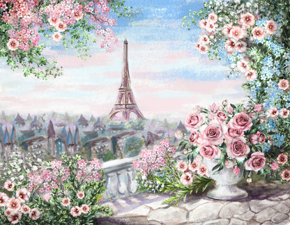 Eiffel Tower Paris Pink Rose Painting Print 100% Australian Made