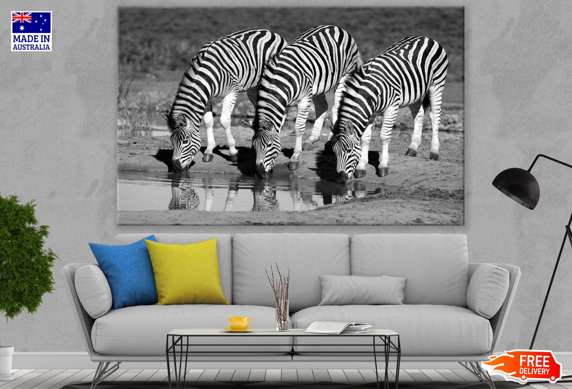 Zebras Drinking Water B&W Photograph Print 100% Australian Made