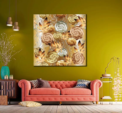 Square Canvas Golden Floral Abstract Design High Quality Print 100% Australian Made