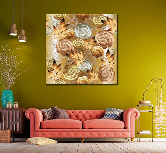 Square Canvas Gold Flowers Abstract Design High Quality Print 100% Australian Made