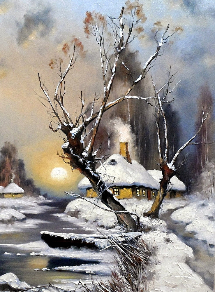 Trees & House in Snow Painting Print 100% Australian Made