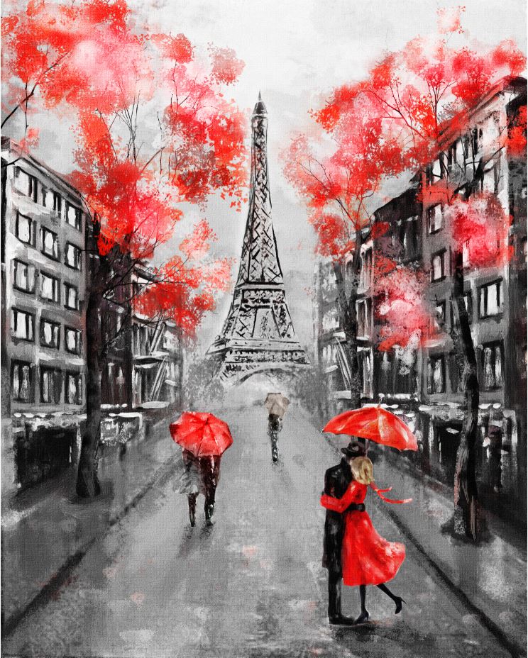 Romantic Paris Rainy Day Black Red White Painting Print 100% Australian Made