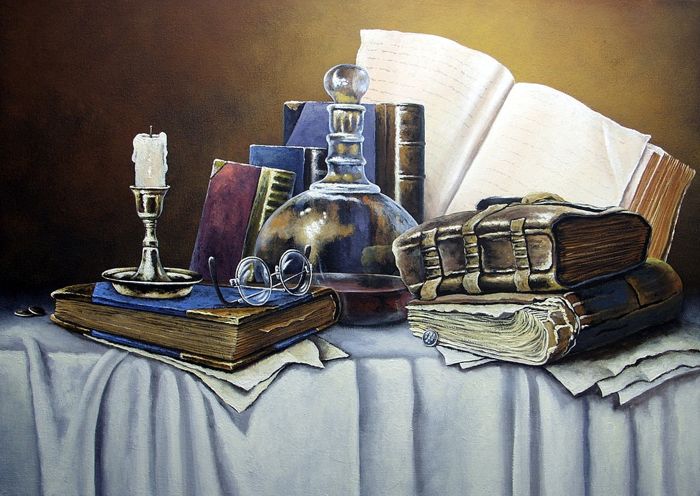 Books, Lamp & Glasses on a Table Painting Print 100% Australian Made