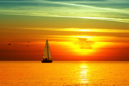 Boat on Sea Sunset Scenery View Print 100% Australian Made