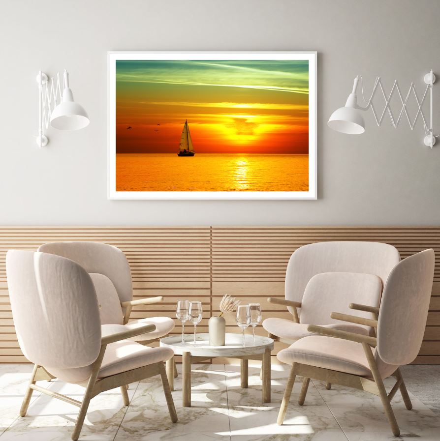 Boat on Sea Sunset Scenery View Home Decor Premium Quality Poster Print Choose Your Sizes