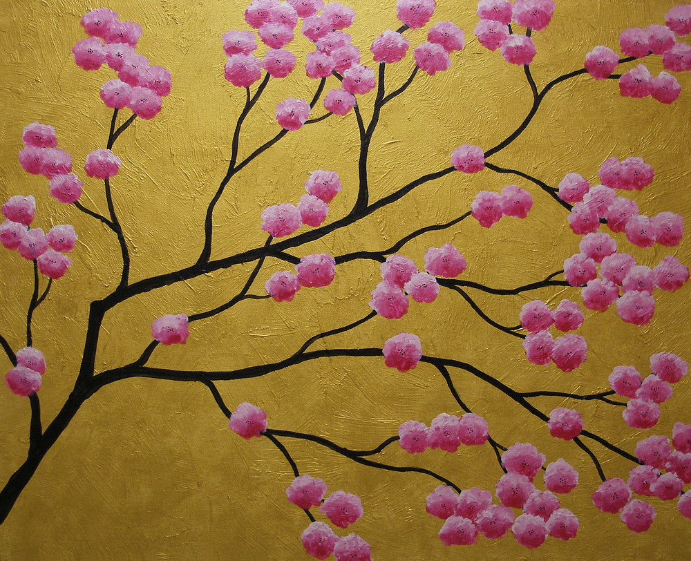 Cherry Blossom Tree in Gold Background Painting Print 100% Australian Made