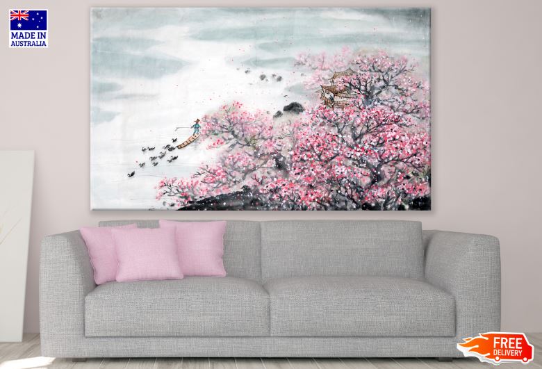 Pink Flower Tree & Lake with Boats Watercolor Painting Print 100% Australian Made