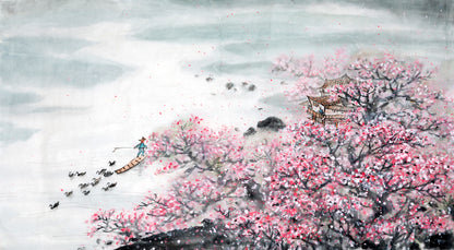 Pink Flower Tree & Lake with Boats Watercolor Painting Print 100% Australian Made