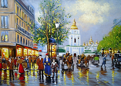 Crowded City Street View Painting Print 100% Australian Made