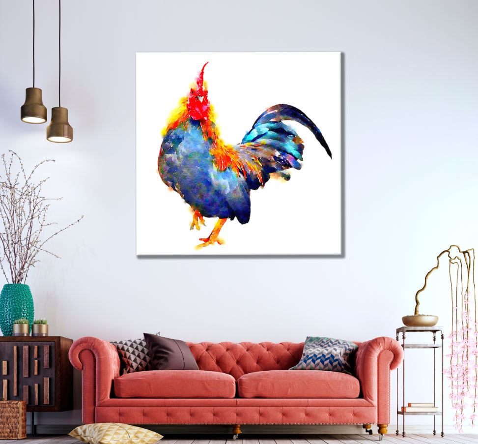 Square Canvas Rooster Watercolor Painting High Quality Print 100% Australian Made