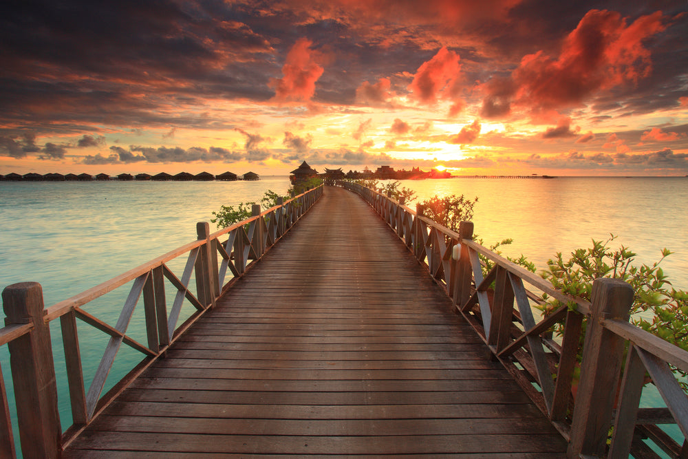 Bridge with Huts Over Beach Sunset Photograph Print 100% Australian Made