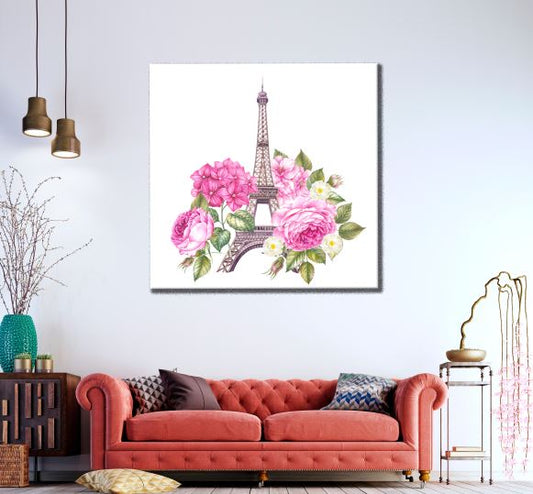 Square Canvas Eiffel Tower Pink Flowers Watercolor Painting High Quality Print 100% Australian Made