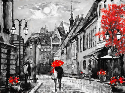 Couple Walking with Red Umbrella B&W Painting Print 100% Australian Made