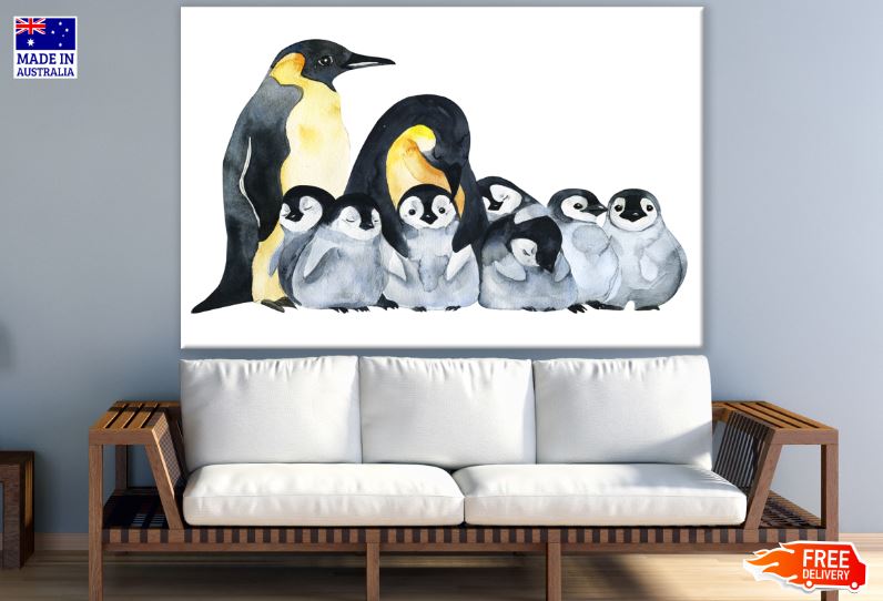 Penguins & Baby Penguins Watercolor Painting Print 100% Australian Made