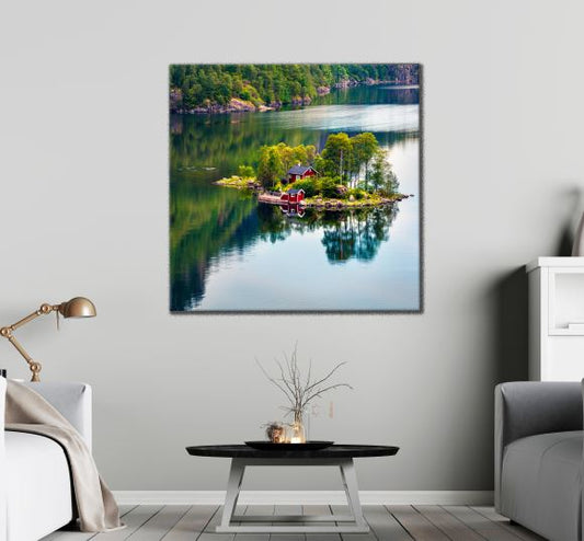 Square Canvas House on Lake Scenery Photograph High Quality Print 100% Australian Made