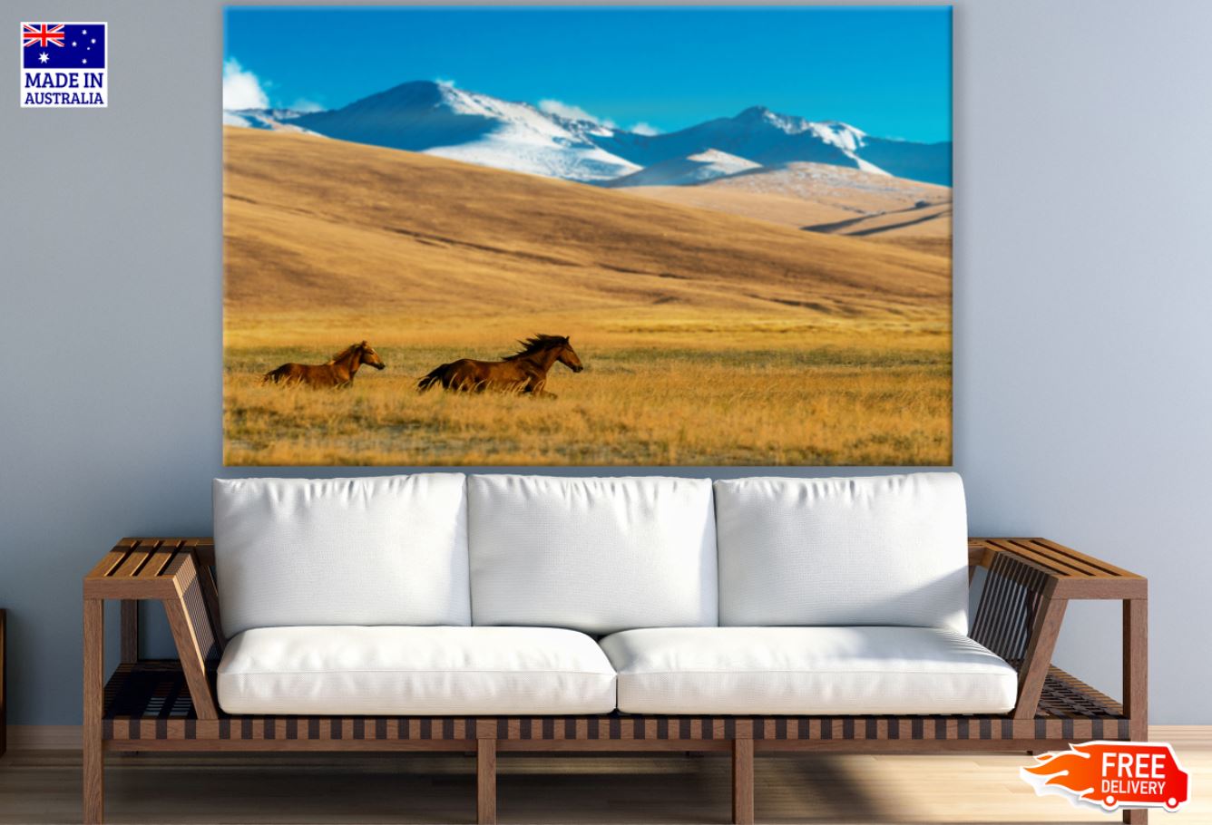 Horses Running in Grass Field View Print 100% Australian Made