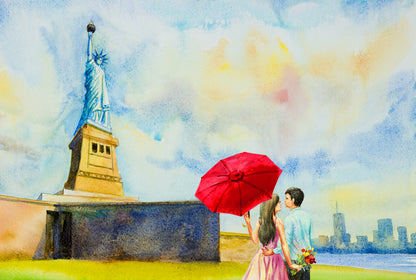 Couple with Red Umbrella Near Eiffel Tower Painting Print 100% Australian Made