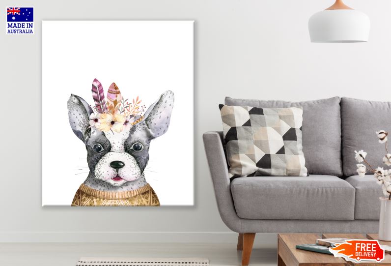 Dog with Floral & Feather Headdress Watercolor Painting Print 100% Australian Made