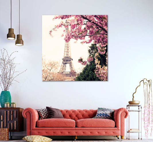 Square Canvas Eiffel Tower & Flower Tree Photograph High Quality Print 100% Australian Made