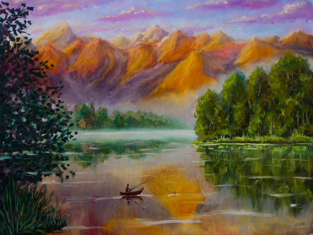 Lake & Forest Sunset Oil Painting Home Decor Premium Quality Poster Print Choose Your Sizes