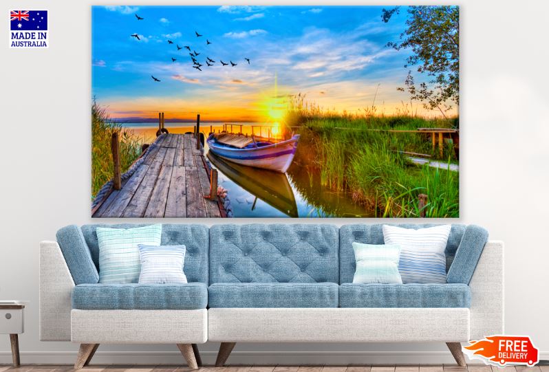 Boat Near Wooden Pier Lake Sunset View Photograph Print 100% Australian Made