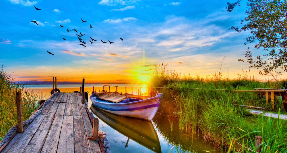 Boat Near Wooden Pier Lake Sunset View Photograph Print 100% Australian Made