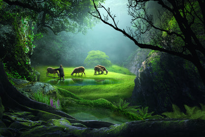 Sheeps & Shepherd in Forest View Home Decor Premium Quality Poster Print Choose Your Sizes