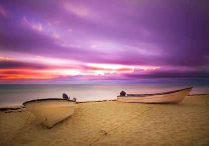 Two Boats in the Shore & Purple Sunset Sky Print 100% Australian Made